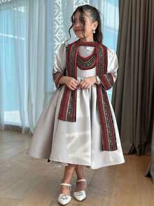 SHEIN Tween Girls Cute Puff Sleeve Cinched Waist Dress, Casual Daily & Party Wear, Middle Eastern Pattern Retro Print, Middle Eastern Traditional Clothing Abaya Robe - Grey - View 1