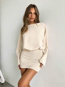 Siren Gaze Women Elegant Cream Batwing Sleeve Short Dress,Decorative Open Back,Autumn Date Night Two Piece Dress For Party,Wedding Guest,Valentines Day,Birthday - Apricot - View 3