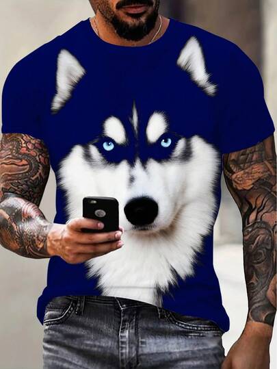 Manfinity Roughcore Camiseta casual de cuello redondo para hombre con estampado realista de perro husky