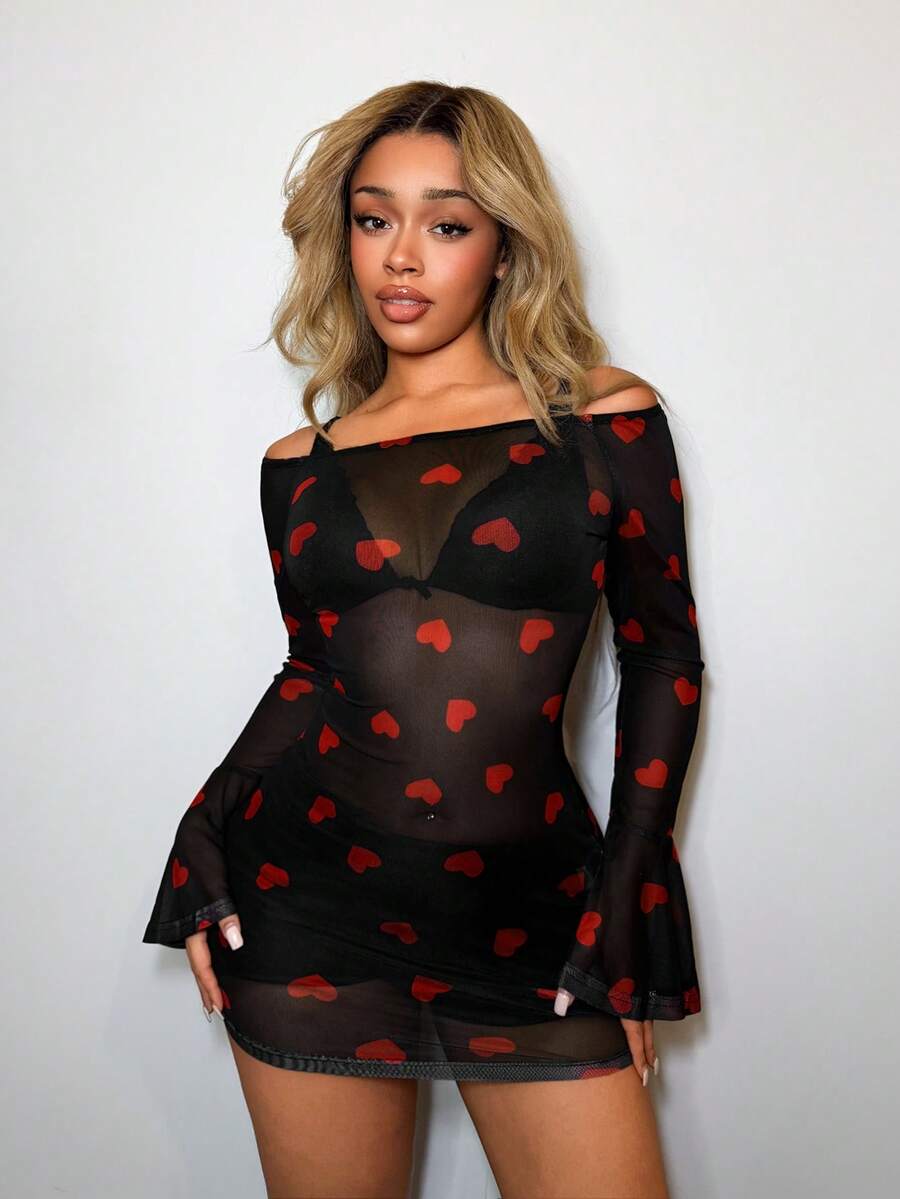 BamGleam Women's Sexy Mesh Sheer Off-Shoulder Bodycon Mini Dress, Party/Valentine's Day,Christmas Party Slay Diva Dress Red Sequin Dress Night Club Dress Red Sparkly Dress,Dresses For Women Party - Red - View 1