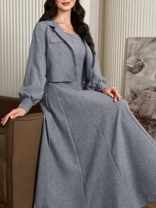 Modelyn 2件組女款純色長袖極簡夾克與寬肩帶休閒洋裝套裝 - 藏蓝色 - 查看 4