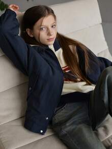 DAZY 少女宽松印花高领拉链抓绒外套，秋季款 - 藏蓝色 - 查看 7