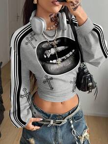 Coolane 休闲简约运动街头时尚百搭派对机场装，条纹嘴唇交叉学院风印花图案，舒适圆领长袖收腰卫衣，浅灰色女款，适合秋冬季嘉年华穿着 - 彩色 - 查看 4