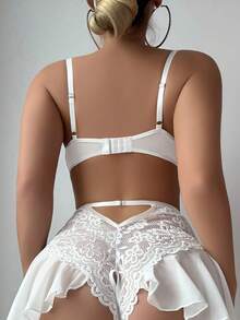 SHEIN 2pcs/Set Party Lace Patchwork Ruffle Hem Bodystocking With Garter Belt + 2pcs Fishnet Stockings - White - View 2