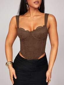 Silquee Women's All Black All-Match Tight Patchwork Lace Bra Gorgeous Top With Curved Hem Floral Lace Corset Top, Suitable For Spring Break, Beach Vacation, Night Out, Girls' Gathering, Beach Party, Pool Party, Holiday, Casual Party, Cabin Retreat, Daily Wear - Brown - View 6