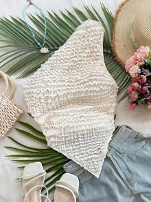 Soleia 夏季女士度假针织纹理不对称下摆上衣，春季女士情人节海滩装扮，适合女士生日外出穿着，优雅休闲度假风 - 彩色 - 查看 3