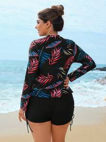 Swim SPRTY Plus Size Women Tropical Plant Print Long Sleeve Top + Shorts Surfing Suit, Adjustable Drawstring, Slimming, Suitable For Summer, Vacation, Sports Long Sleeve Bathing Suit Women Rashguard Swimsuit Women Swim Shirt For Women Swimming Suit Plus Size