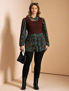SHEIN LUNE Plus Size Women Floral Patchwork Lantern Sleeve Casual Blouse Top - Multicolor - View 5