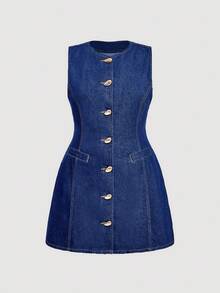 SHEIN MOD 大码女式夏季休闲日常通勤单排扣无袖收腰牛仔连衣裙 - 深色水洗藍 - 查看 1