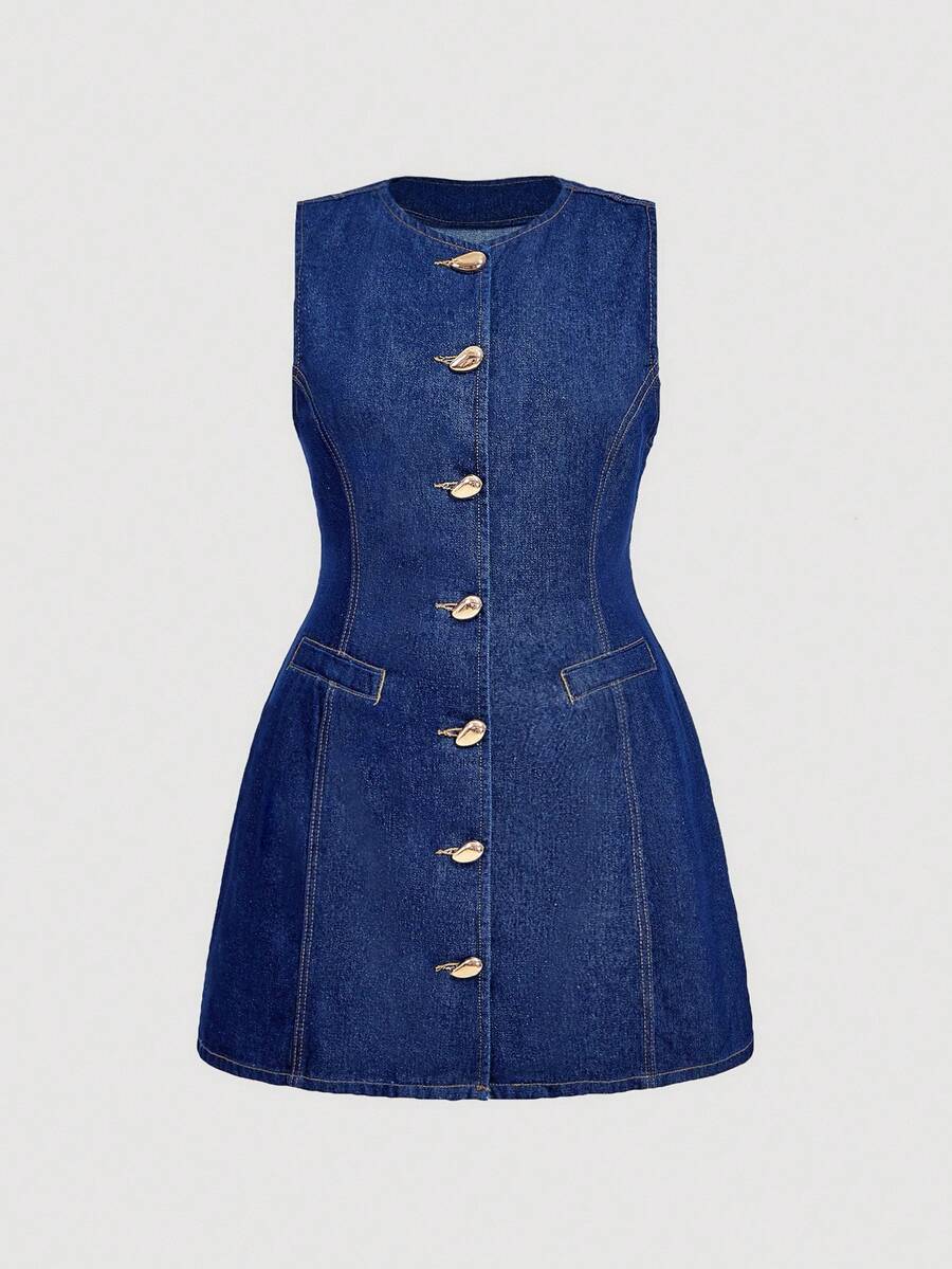 SHEIN MOD 大码女式夏季休闲日常通勤单排扣无袖收腰牛仔连衣裙 - 深色水洗藍 - 查看 1
