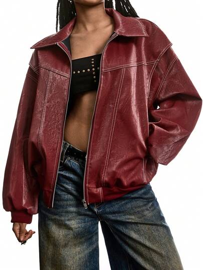 LYSMO Loose Fit Turn-Down Collar Solid Color Zipper-Up Casual Long Sleeve PU Leather Jacket In Fall/Winter
