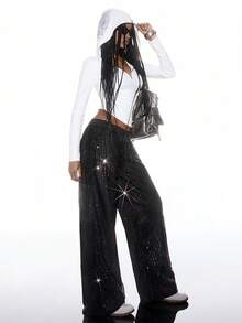 LYSMO Sequin Panel Elastic Waist Casual Loose Fit Pants - Black - View 3