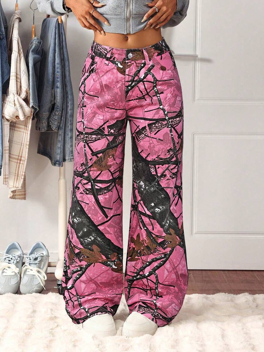 SHEIN Tall 高腰全印花水洗直筒牛仔裤 - 彩色 - 查看 1