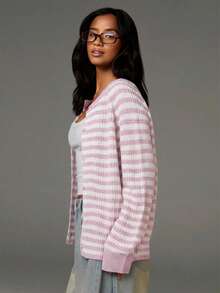 Athîral Women's Casual Commuter Striped Lightweight Cardigan Striped Cardigan Women Cardigan Summer Cardigan Teal Cardigan White Cardigan In Fall/Winter - Pink - View 3