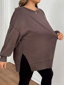SHEIN CURVE+ Plus Size Solid Color Round Neck Casual Versatile Long Sleeve Sweatshirt Thanksgiving New Year - Brown - View 6