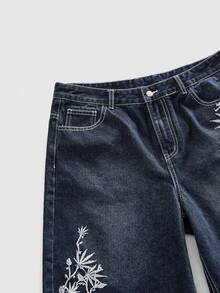 ROMWE MEN Men's Plant Embroidery Pocket Casual Denim Shorts - Dark Wash - View 4