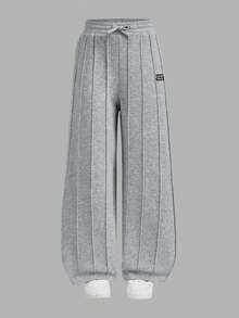 SHEIN Tween Girl Casual Street Style Ruched U-Neck Long Sleeve Ribbed Knit Fitted T-Shirt And Pleated Wide Leg Sweatpants Set, Suitable For Home, Outings, And School - White - View 7