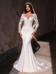 Glamrae 优雅奢华的刺绣蕾丝贴花拼接弹力针织美人鱼长裙，配以薄纱袖子，适合婚礼、派对、度假、舞会、新娘礼服、情人节等场合。 - 米色 - 查看 2