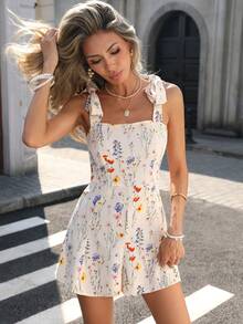 Pariaura Bộ đồ liền thân tay bồng hở eo in họa tiết hoa phong cách Pháp INS dành cho nữ - Màu be - Xem 4