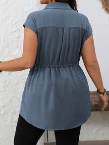 Vionelle قميص كاجوال للنساء كبيرات الحجم للعطلات، بأزرار مخفية، خصر بسحاب، ربطة عنق، للربيع والصيف - ازرق ضبابي - مشاهدة 2