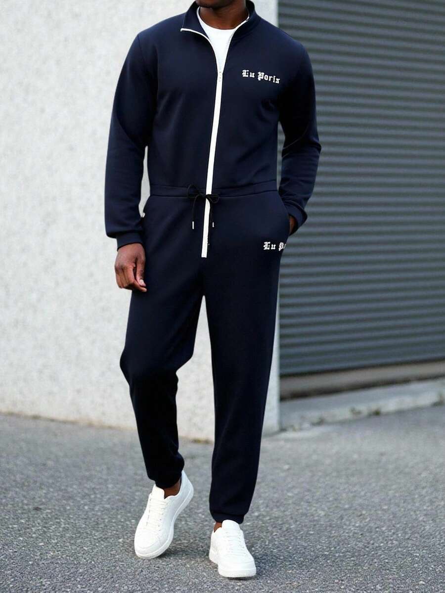 Manfinity Homme Bộ áo liền quần và quần yếm nam, bộ đồ 2 mảnh nam, bộ đồ thể thao nam, bộ đồ chạy bộ nam, bộ đồ nỉ nam, phong cách cổ điển, thích hợp cho sinh hoạt hàng ngày, những chuyến đi cuối tuần, hoạt động ngoài trời, du lịch khám phá, môi trường làm việc thoải mái, quà tặng cho bạn trai/chồng, quà kỷ niệm/sinh nhật, tiệc tùng, kỳ nghỉ hè, lễ hội, năm mới, đám cưới, ngày lễ tình nhân. - Màu xanh hải quân - Xem 1