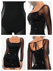 Nuvra Women's Long Sleeve Shiny Metallic 2-In-1 Shapewear Dress With Built-In Bra Pads, Casual Double-Layer Tummy Control Waist Cincher Bodycon Mini Dress With Criss-Cross Back Tie Neck, Party Wear - Black - View 2