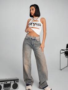 SHEIN Quần jeans ống rộng cạp cao dáng suông thoải mái - Rửa trung bình - Xem 4