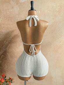 Soleia Plus Size Women's Vacation Outfit - Ombre Knit Deep V-Neck Backless Romper, Sexy & Stylish Fitted, Suitable For Party, Date, Afternoon Tea, Boho Vacation, Beach , Carnival. Knit Top Women Crochet Rompers Boho Tank Top Women Knitted Tank Top Crochet Tank Top,Summer Outfits,Vacation Outfits Women,Holiday Outfits For Women,Beach Outfits For Women,Carnival Outfit. - White - View 3