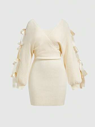 Kawaii Abito maglia aderente da donna con decorazione fiocco romantico