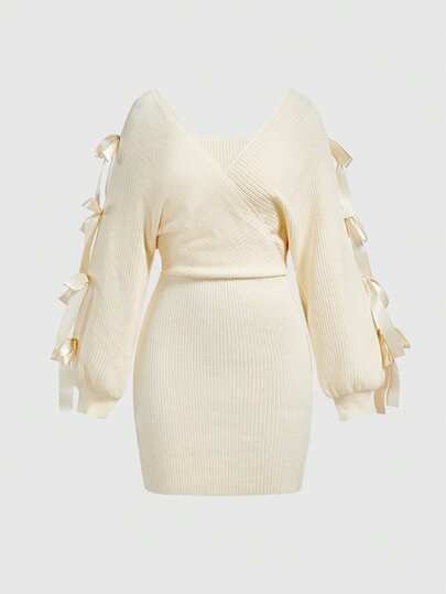 Kawaii Romantic Ribbon Bow Decor Fitted Sweater Dress For Women