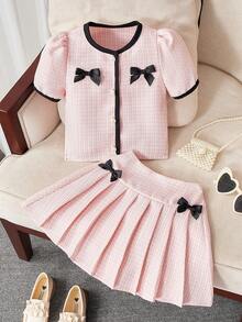 Toddler Young Girls Light Pink Autumn 2 Pieces Set,Colorful Bow Decor Long Sleeve Knit Top & Pleated Skirt,Elegant Casual Comfortable Preppy Outfit - Pink - View 1