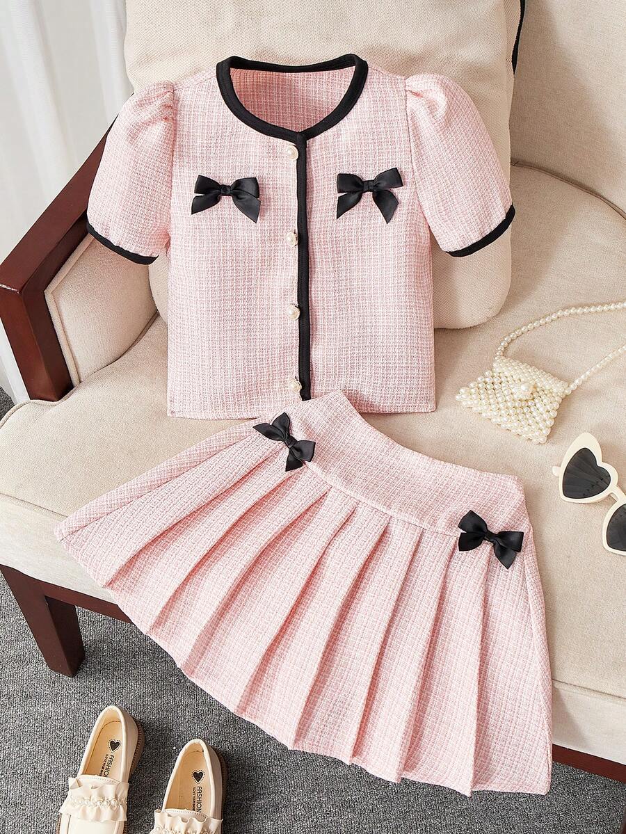 Toddler Young Girls Light Pink Autumn 2 Pieces Set,Colorful Bow Decor Long Sleeve Knit Top & Pleated Skirt,Elegant Casual Comfortable Preppy Outfit - Pink - View 1