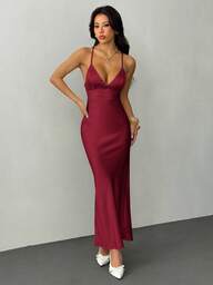 SHEIN PETITE Solid Color Deep V-Neck Spaghetti Strap Super Long Backless Tie-Up Satin Mermaid Maxi Dress For Women, Elegant Dress, Vacation Dress, Bridesmaid Dress, Birthday Party Dress, Back To School/Graduation Dress, White Maxi Dress Low Cut Dress Bodycon Maxi Dress Women Tight Long Dress Sexy Long Dress Satin Long Dress