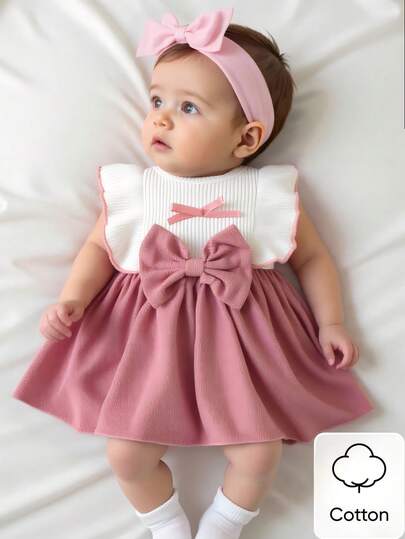 新生女宝宝白色无袖蕾丝领拼接粉色蝴蝶结连衣裙，新款优雅复古可爱面料舒适