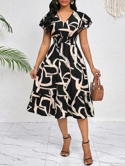 SHEIN Lady Women's Contrast Color Print V-Neck Short Sleeve Mid-Length Dress