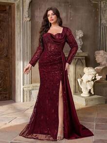 Aureia Đầm dạ hội cỡ lớn sang trọng, thanh lịch, thêu ren xuyên thấu, tay dài, phối ren satin, xẻ tà gợi cảm, đuôi cá, bèo nhún bên hông, thích hợp cho đám cưới, tiệc độc thân, kỳ nghỉ, dạ hội, tiệc tùng (chất liệu dày dặn), Ngày Valentine. - Màu Đỏ Sâu - Xem 7