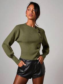 COSMINA Women's Elegant Asymmetric Button-Up Cardigan, Autumn/Winter, Green Sweater, Olive Green Tops, Army Green Top Women, Green Cardigan Women , Cardigan Cropped - Green - View 3
