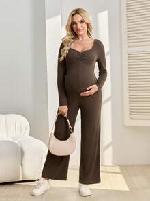 SHEIN 孕妇蝴蝶结撞色长袖连体裤，秋季百搭日常装 - 棕色 - 查看 5