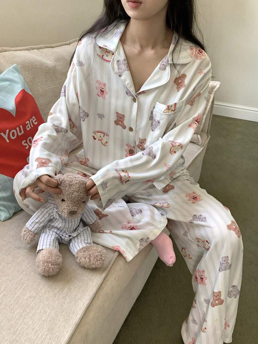 DAZY 可爱条纹卡通印花女士睡衣套装