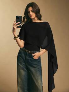 Poéselle 女士纯色不对称领口褶皱连体衣 - 黑色 - 查看 5