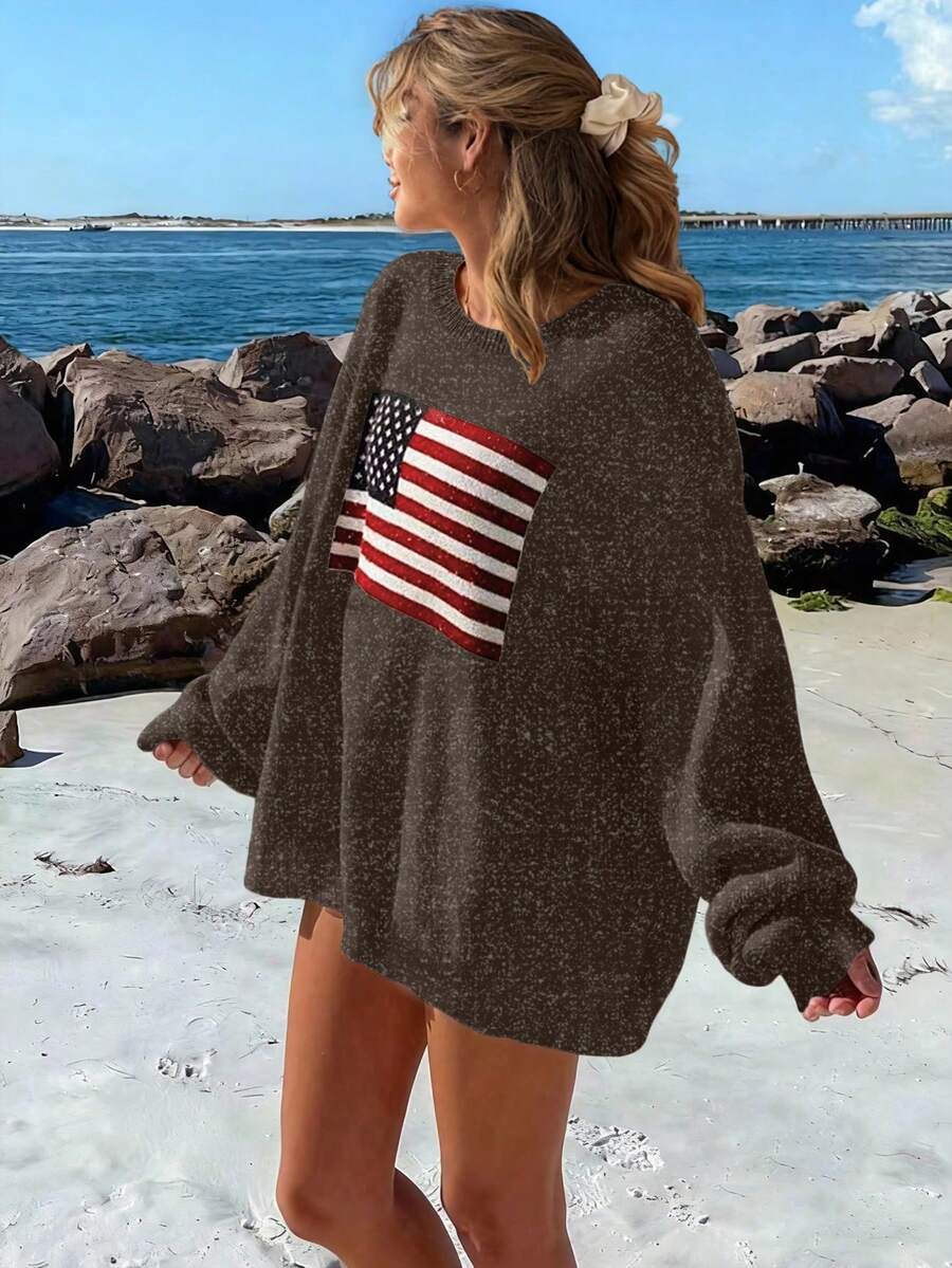 Chiquease Women's Leisure Vacation American Flag Pattern Sweater, Knit Pullover Fall Winter - Coffee Brown - View 1
