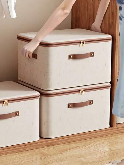 1pc Folding Storage Bin With Zipper And Handle, Beige Storage Box,Polyester Linen, Square, Lid Type,Solid And Tangible Multi-Purpose For Storing Clothing, Toys And Other Items, Upholstery, Bedroom Decor, Trim, Storage, Jeans