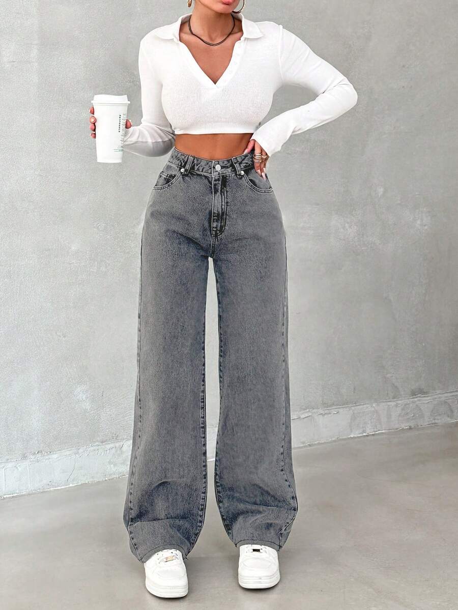 SHEIN Tall 100%纯棉女士高腰宽松牛仔裤 - 灰色 - 查看 1