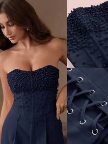 Anewsta Elegant Beaded Decor Bandeau Bodycon Crop Top, Stylish & Chic, Suitable For New Year, Christmas, Going Out, Winter - Navy Blue - View 2