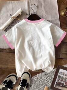 Süßer karierter Kirschenschleifendekor Farbblock Tween-Mädchen Lässig Minimalist Kurzarm Rundhals T-Shirt, geeignet für den Sommer