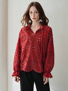 Aveloria Modichic New European & American Style V-Neck Embroidered Tie Loose Casual Long Sleeve Shirt - Rust Brown - View 6