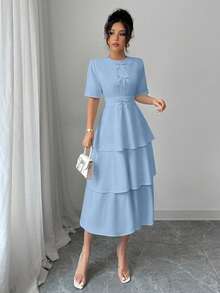 Elenzga Women's Minimalist Solid Color Butterfly Decor Round Neck Short Sleeve Skater Dress - Baby Blue - View 5