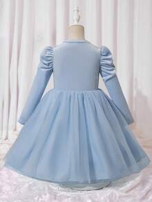 Glamorique Kids 女童红色泡泡袖珍珠装饰时尚连衣裙，薄纱设计，适合圣诞节及各种场合；浅蓝色女童连衣裙；女童泡泡袖连衣裙；少女蓝色连衣裙 - 淺色水洗藍 - 查看 2