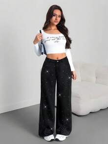 SHEIN Tall Women's Skinny Fit Straight Leg Jeans, Black With Rhinestone Embellishment - Black - View 5