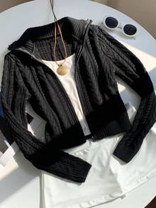 SHEIN EZwear Áo cardigan nữ cổ đứng tay dài màu đen trơn, kiểu dáng thường ngày, thích hợp mặc mùa thu/đông. - màu đen - Xem 4